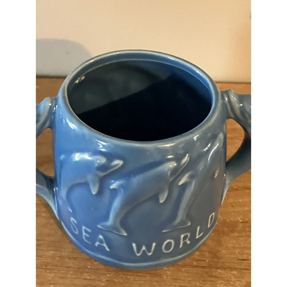 1974 Vintage Blue Sea World Ceramic Sugar Bowl with Dolphins -Japan